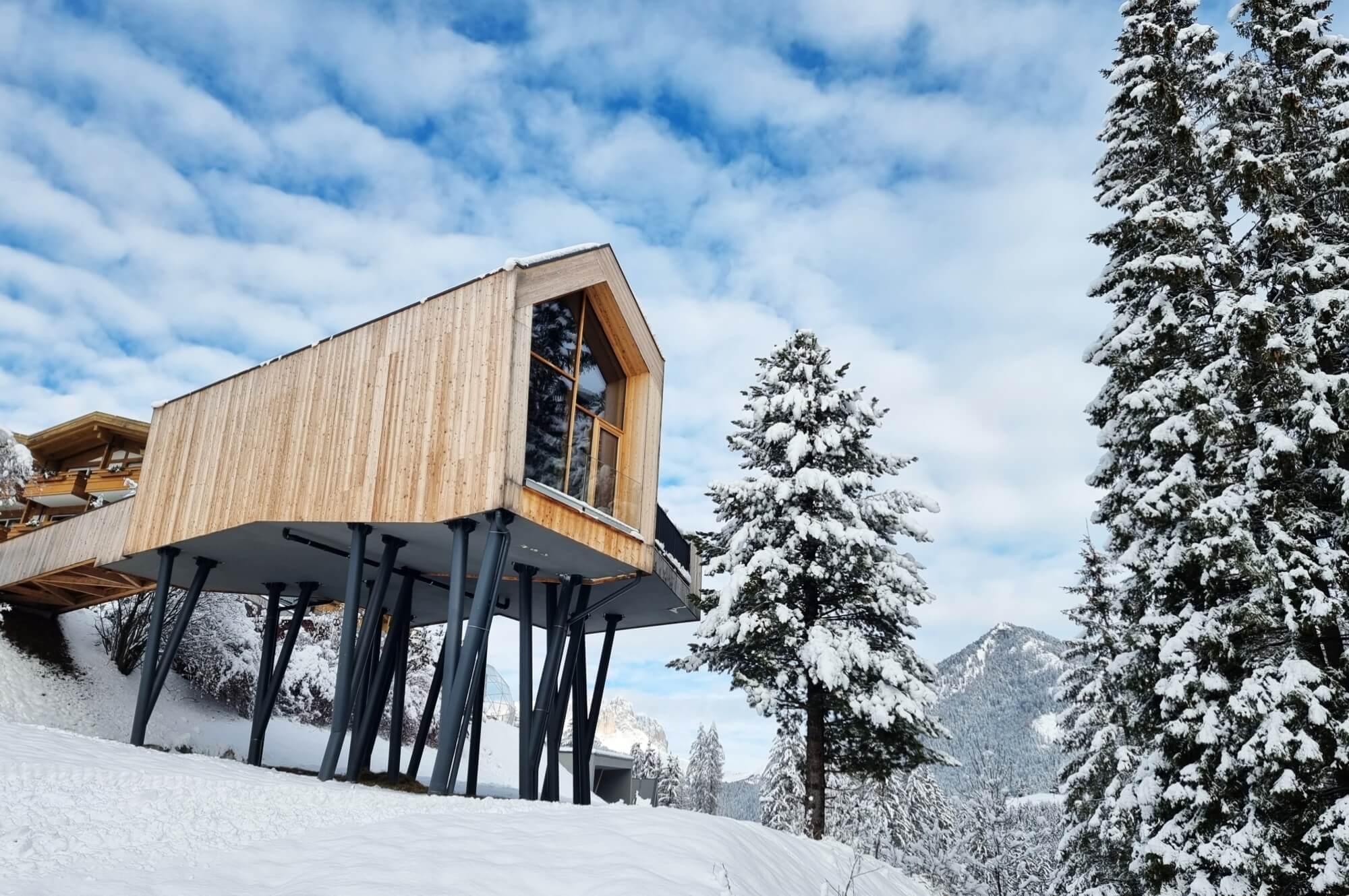 Struttura in legno su palafitte in un paesaggio innevato, circondata da alberi e montagne sotto un cielo nuvoloso.