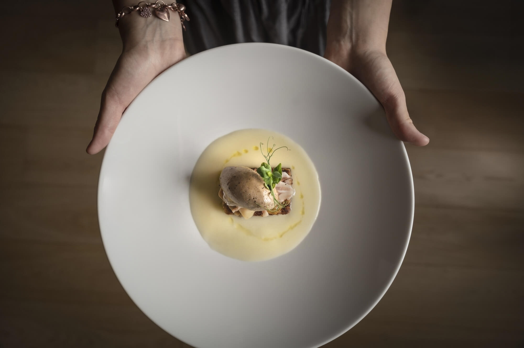 Una persona tiene un piatto bianco con cibo, decorato con salse e erbe, su uno sfondo sfocato di legno.
