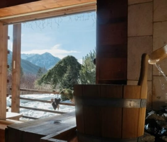 Un secchio di legno con un beccuccio davanti a una finestra che mostra montagne innevate e un uccello sul parapetto.