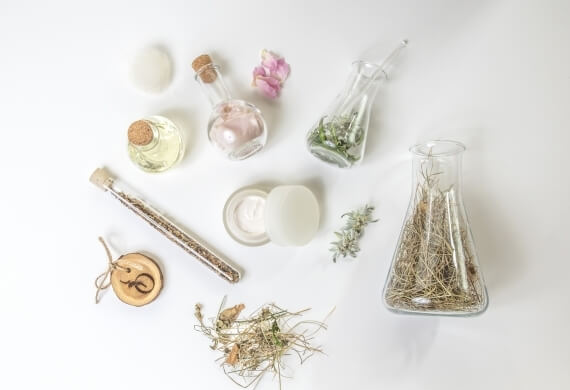 Disposizione di contenitori di vetro e fiori secchi su sfondo bianco, suggerendo un ambiente ordinato e delicato.