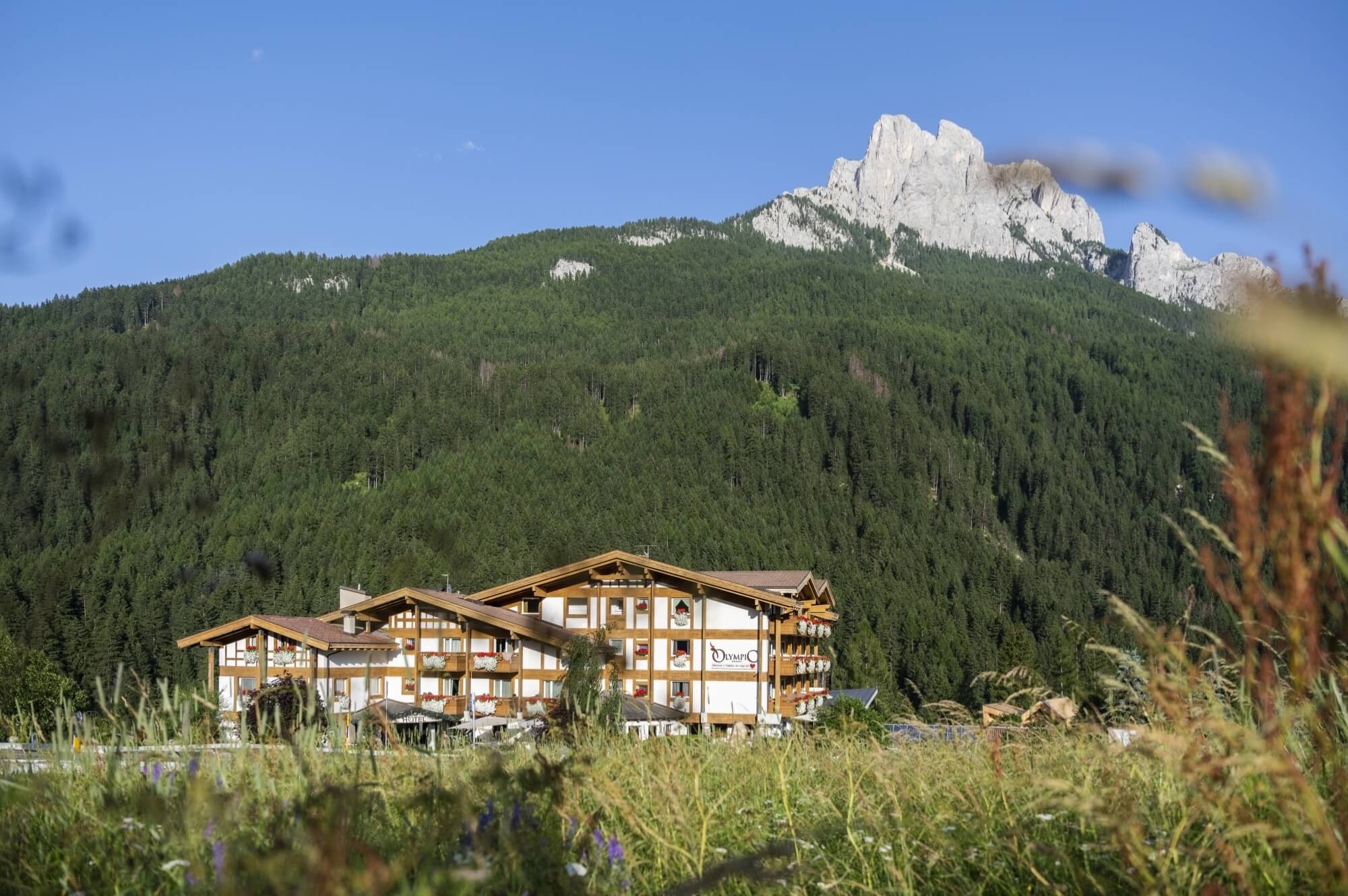 Un grande hotel bianco con dettagli in legno marrone, circondato da verde, con montagne sullo sfondo e cielo sereno.