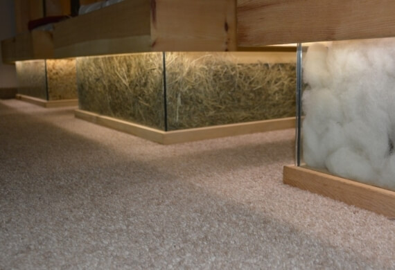 Quattro scatole di vetro su basi in legno, con materiali diversi all'interno, illuminate da strisce LED. Sfondo di scaffali.