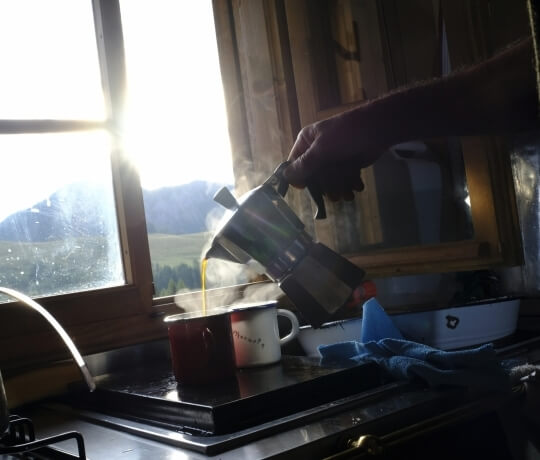 Breakfast in a mountain hut in the Dolomites