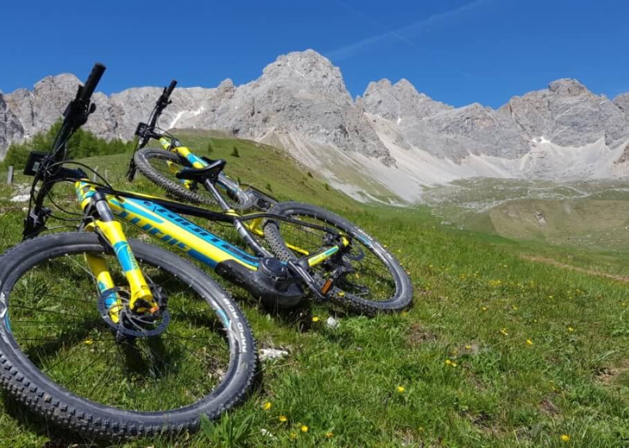 Due mountain bike gialle e blu sdraiate in un campo erboso, con una catena montuosa sullo sfondo e cielo sereno.