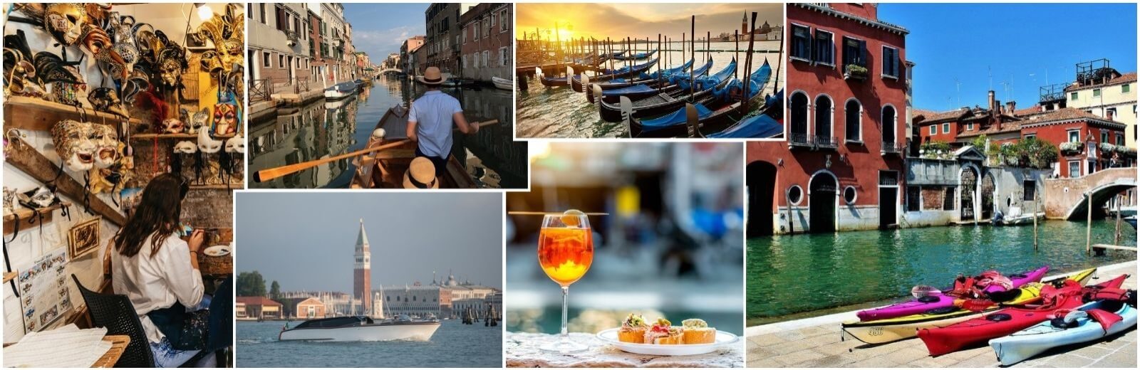 Collage di nove foto che mostrano scene di Venezia, inclusi canali, edifici, cibo e attività culturali.