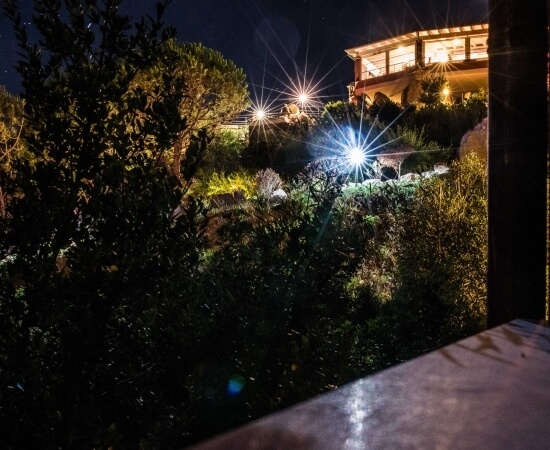 A serene nighttime scene of a wooden house on a hill, illuminated by warm light, surrounded by plants and trees.