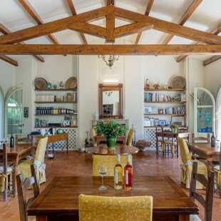 Area pranzo con tavoli in legno, bottiglie e libri decorativi.