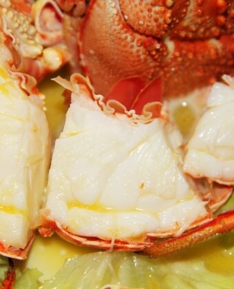 Close-up of lobster tail meat with butter, orange shell, and lettuce.   Primo piano di carne di aragosta con burro, guscio arancione e lattuga.
