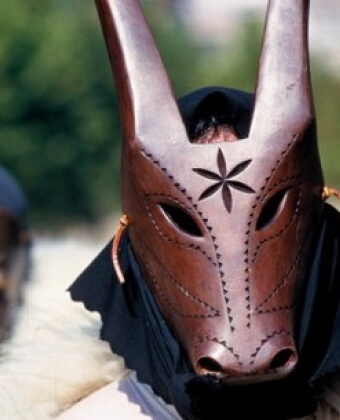 Persona con maschera di legno a forma di animale e cappuccio scuro.