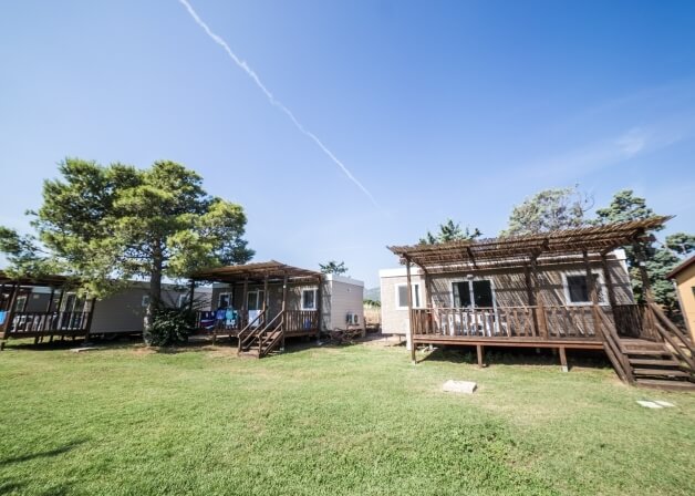 Cabine moderne con verande su prato, cielo blu e alberi.