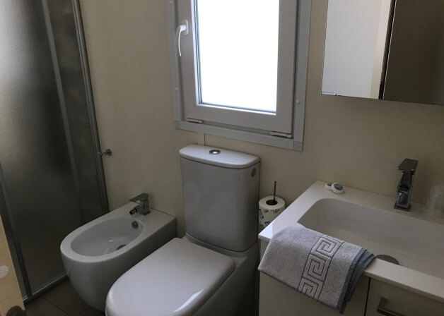 Bagno con toilet, bidet, lavabo, doccia e finestra sopra il toilet.