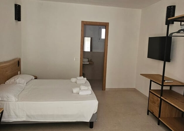 Camera d'hotel con letto, televisore e accesso al bagno.