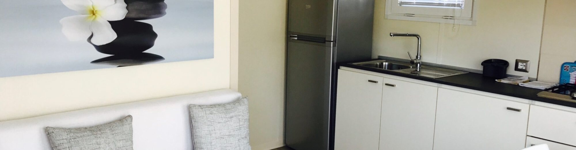 Divano grigio con cuscini, cucina moderna a destra.