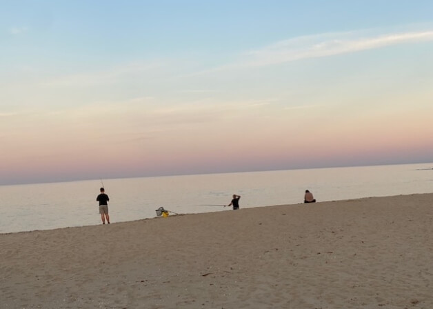Persone pescando sulla spiaggia con cielo blu e rosa.