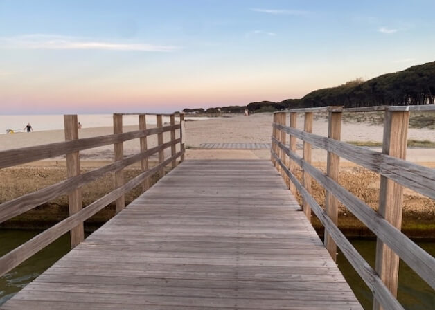 Sentiero di legno verso una spiaggia sabbiosa sotto un cielo rosa.