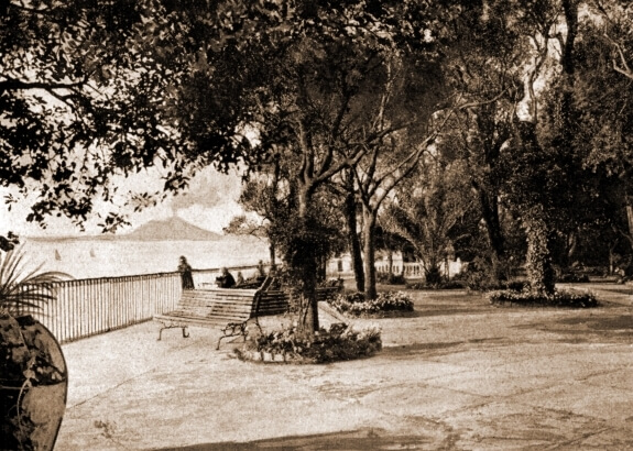 black and white photo of the cocumella hotel terrace
