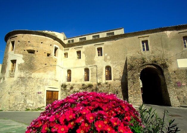 Struttura simile a un castello con torre, finestre e fiori rosa in primo piano, sotto un cielo blu sereno.