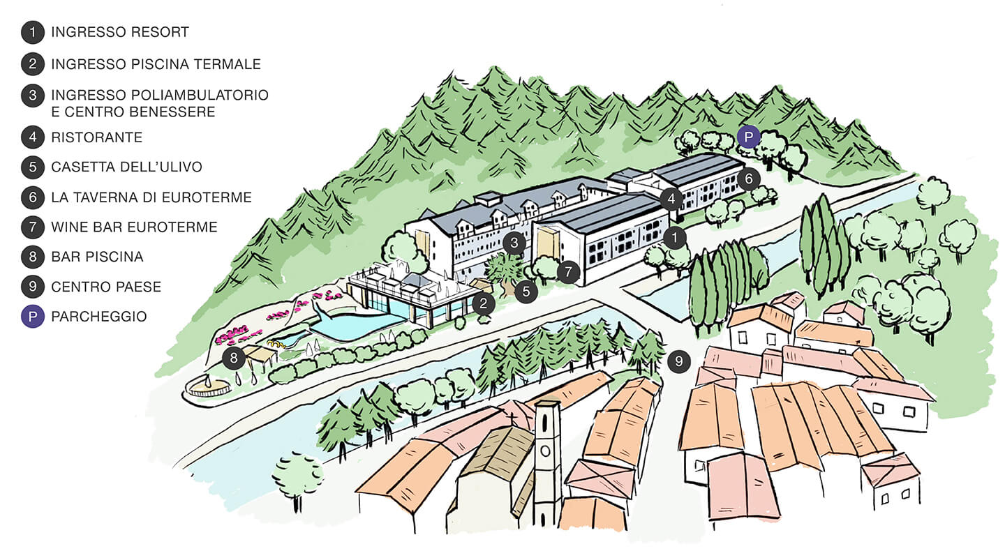 Mappa del resort e villaggio con edifici e aree indicate.