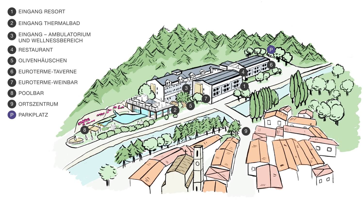 Karte eines Resorts mit Einrichtungen und nahegelegenem Dorf.