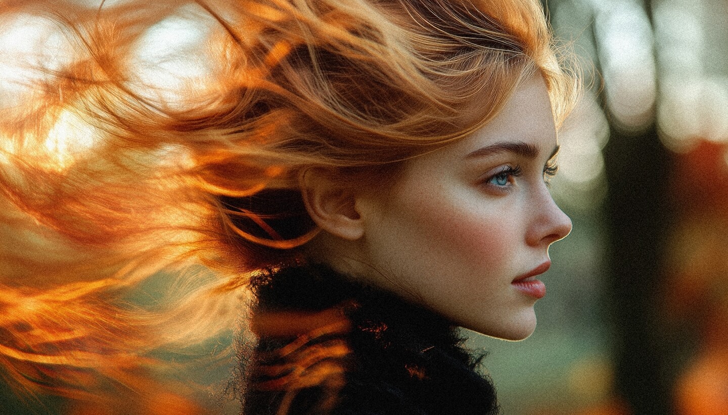 Ritratto di giovane donna con capelli arancioni e occhi blu.