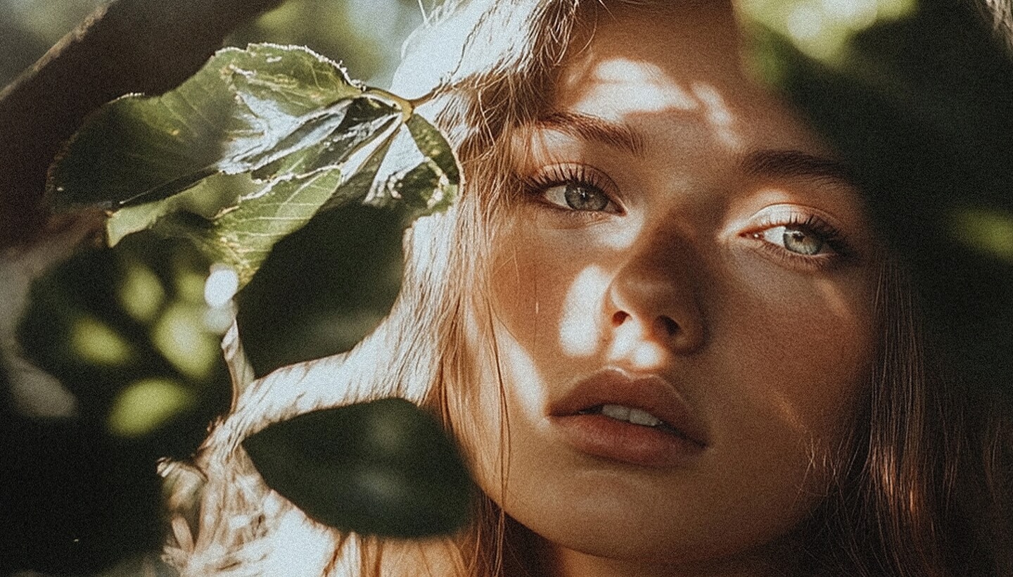 Giovane donna con capelli castani, parzialmente coperta da una foglia verde.
