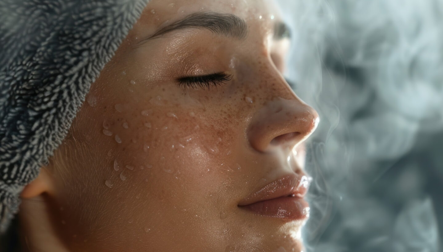 Close-up of a woman’s face with closed eyes and water droplets.   **Italian:** Primo piano del volto di una donna con occhi chiusi e gocce d'acqua.