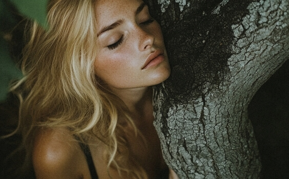 Eine Frau mit blonden Haaren lehnt an einem Baum.