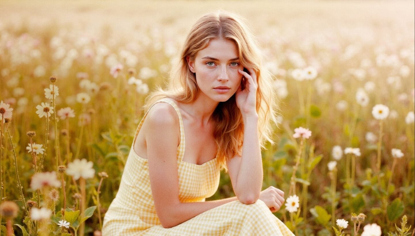 Young woman in a yellow dress sitting among white and pink flowers.