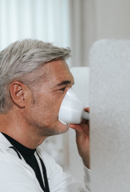 Uomo con capelli grigi usa un dispositivo bianco per respirare.