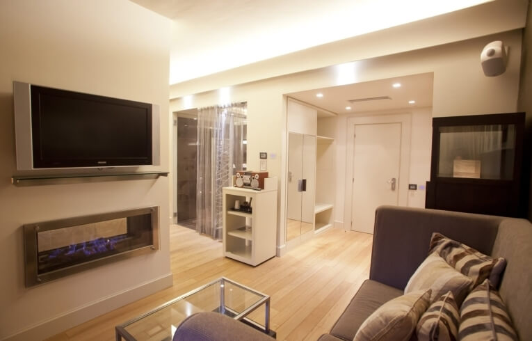 Camera d'hotel con TV, camino, divano e area doccia.