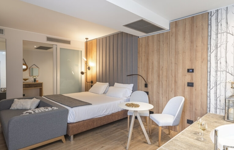 Camera d'hotel con letto, divano, tavolo e armadio.
