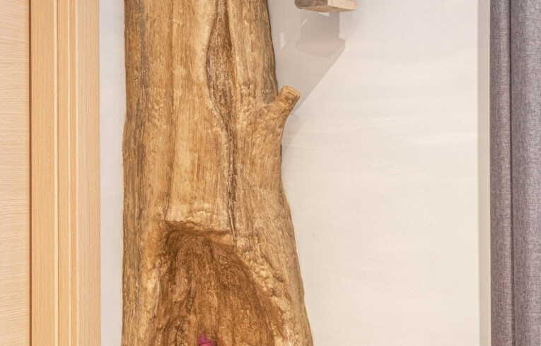 Textured wooden element with a pink object, light door, and grey curtain.