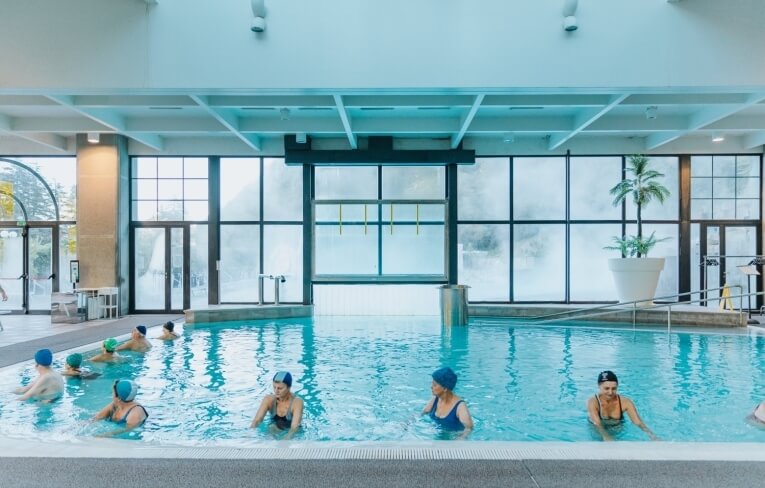 Piscina interna con persone, piante tropicali e grandi finestre.