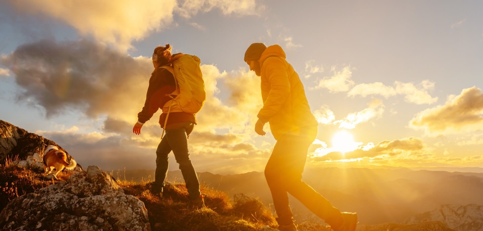 Two hikers and a dog on a rocky outcrop, overlooking rolling hills under a cloudy sky, exuding adventure and serenity.