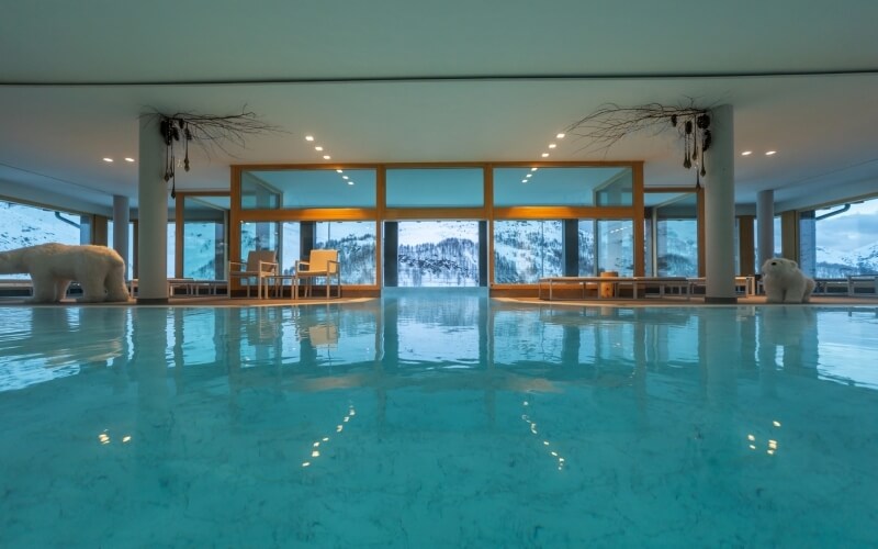 Indoor pool with light blue water, large windowed wall showing snow-covered trees, and decorative polar bears.