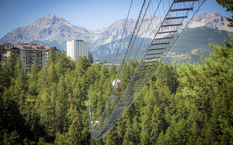 Un ponte sospeso con struttura a scala sopra una foresta di alberi sempreverdi, con edifici e montagne sullo sfondo.