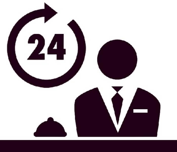 Modern design with dark purple shapes, a circular arrow, numeral "24," a character in a jacket, and a service platter.