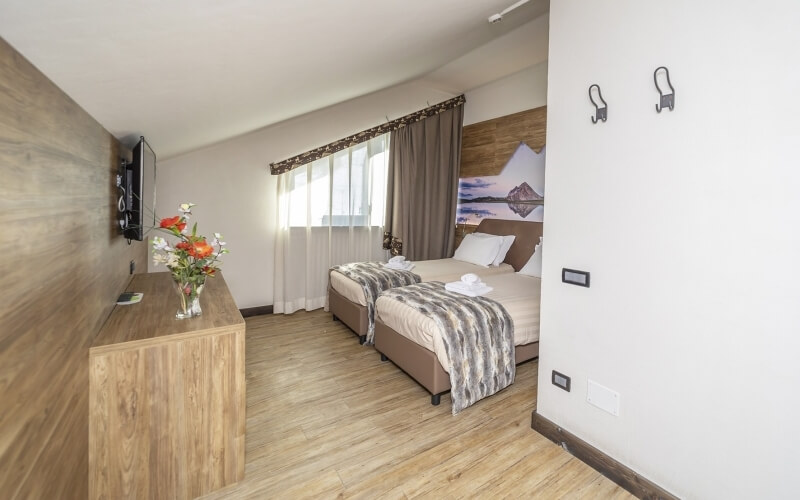 A minimalist hotel room with two beds, a vase of flowers, a TV, and natural light creating a serene atmosphere.