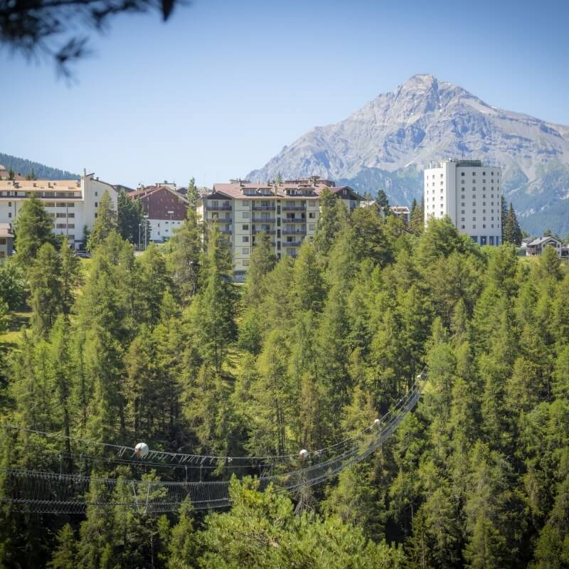 Serene mountain town with a suspension bridge, surrounded by lush greenery and a majestic peak under a clear blue sky.