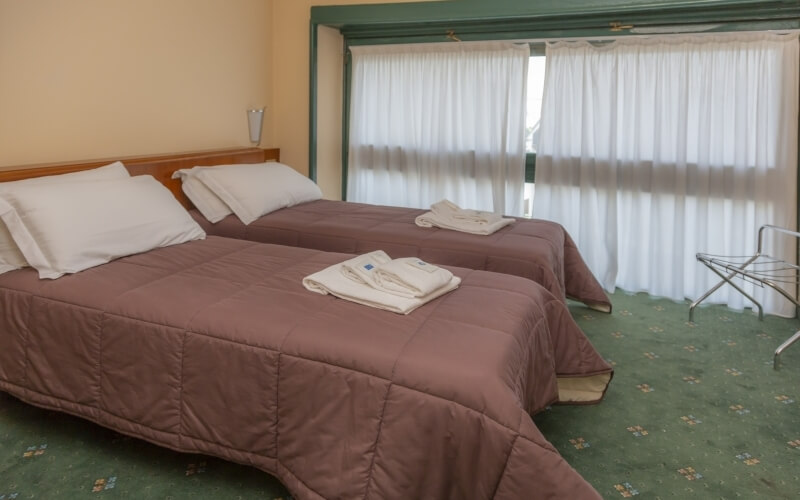 Hotel room with two beds, a window, luggage rack, and floral carpet; light yellow walls and brown comforters with white pillows.