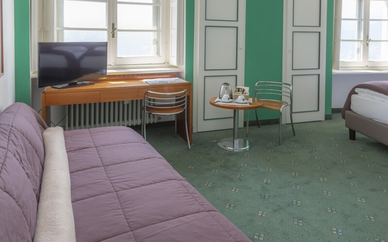 Cozy hotel room with a bed, couch, desk, and TV, featuring green and white decor, patterned carpet, and large window.