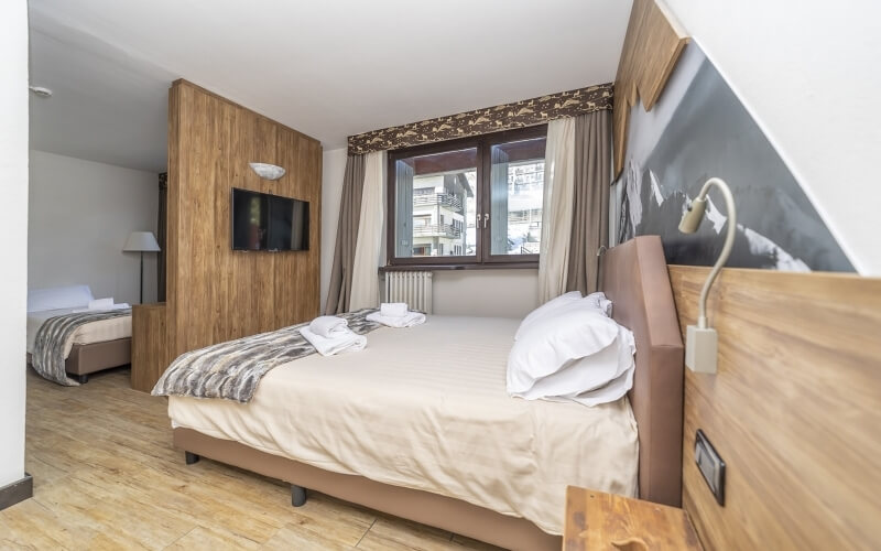 Cozy hotel room with a large bed by the window and a small bed, featuring light wood floors and white walls.