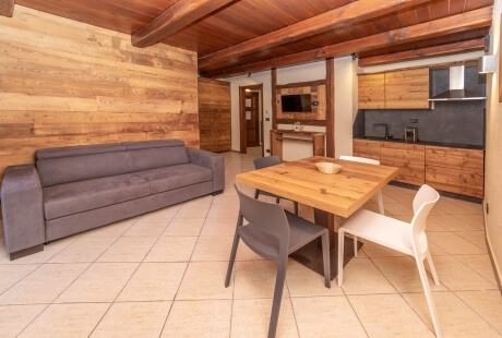 Modern open-plan living space with a gray couch, wooden table, and kitchen area featuring black countertops and wooden cabinets.