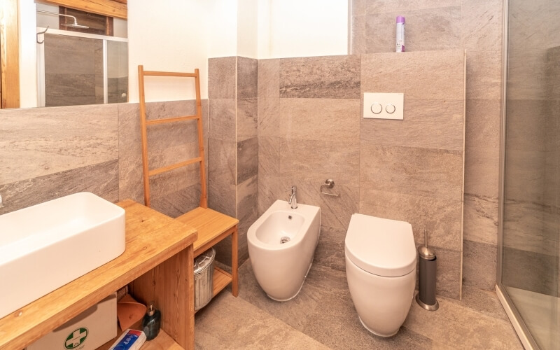 High-resolution bathroom photo featuring a dual toilet setup, stone-patterned tiles, and a wood shelving unit with a sink.
