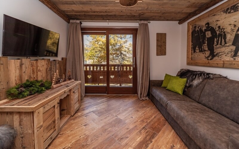 Cozy rustic living room with a leather couch, TV, wooden cabinet, and greenery, illuminated by natural light from a window.