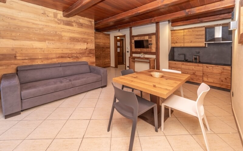 Cozy living room and kitchen with a couch, central table, four chairs, and wooden cabinets in a warm wooden setting.