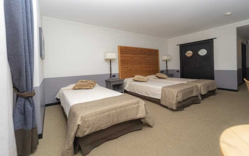 Cozy hotel room with two beds, nightstand, lamps, gray curtains, and beige carpet, featuring white and brown bedding.