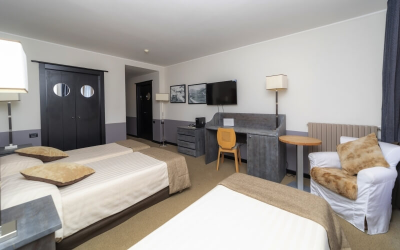 Hotel room with two beds, desk, chair, and TV; neutral tones, clean decor, and essential amenities for comfort.