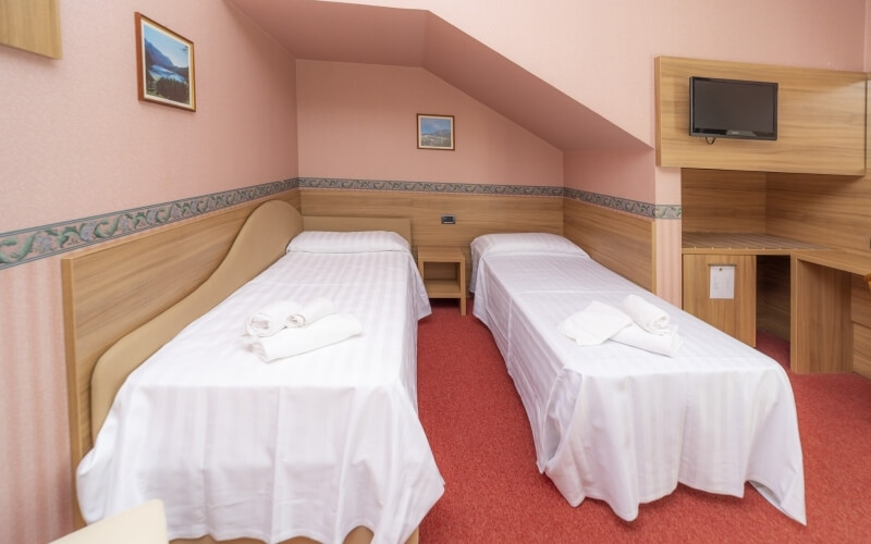 A pink room with two single beds, a desk, a mounted TV, red carpet, and framed pictures on the walls.