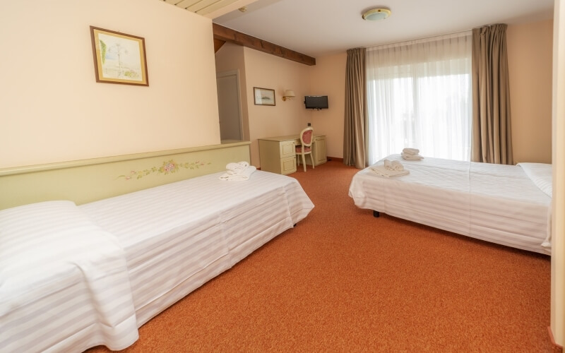 A clean hotel room with two beds, a desk, a chair, and a large window letting in natural light.